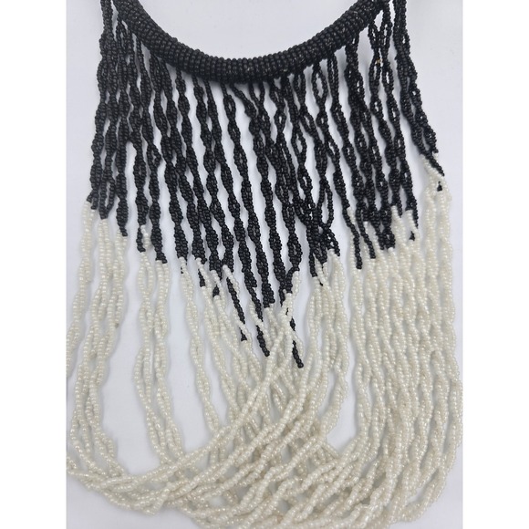 Vintage Tribal Style Seed Bead Waterfall Fringe Statement Necklace Black White - Picture 4 of 7